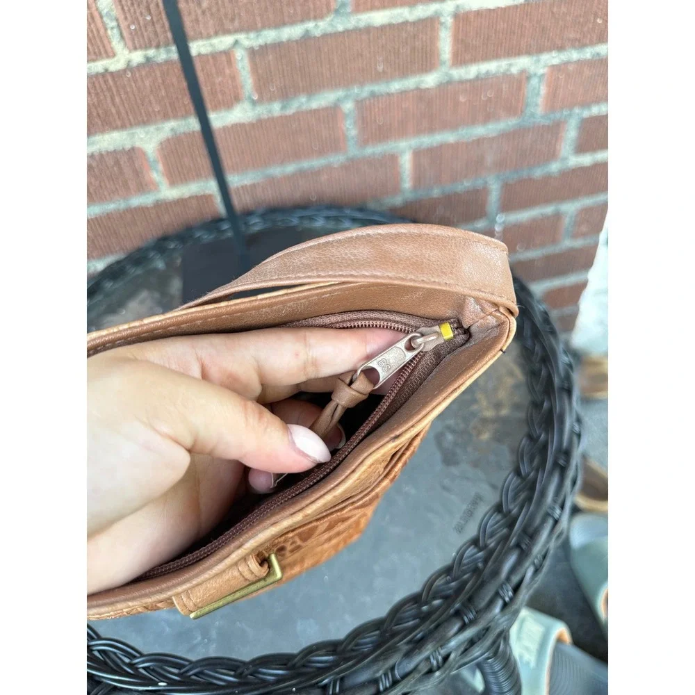 Vintage Tan Embossed Leather Elephant Tribal Crossbody Bucket Bag